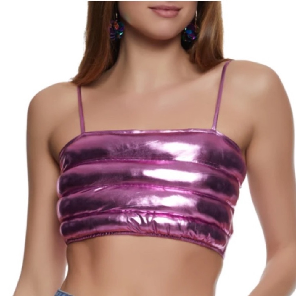 JULIA BY LOVE J Metallic Pink Quilted Puffer Crop Top Tank Adjustable Straps L